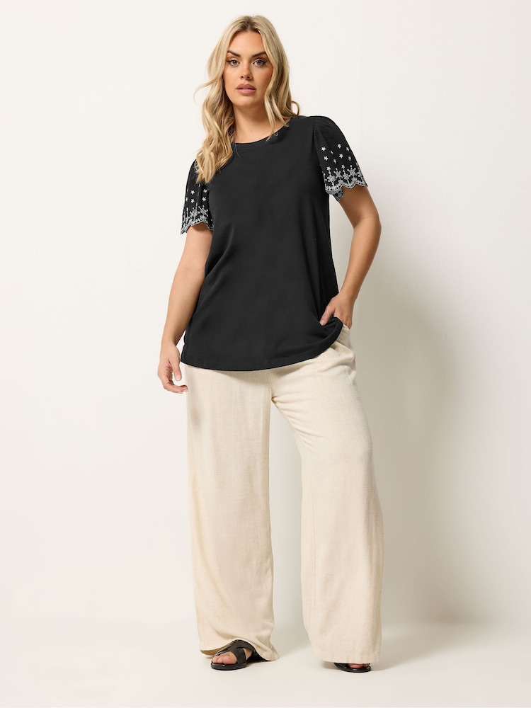 Yours Curve Black Angel Sleeve Embroidered T-Shirt - Image 2 of 5