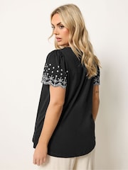 Yours Curve Black Angel Sleeve Embroidered T-Shirt - Image 3 of 5