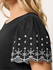 Yours Curve Black Angel Sleeve Embroidered T-Shirt - Image 4 of 5