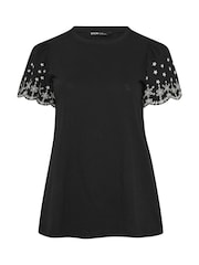 Yours Curve Black Angel Sleeve Embroidered T-Shirt - Image 5 of 5