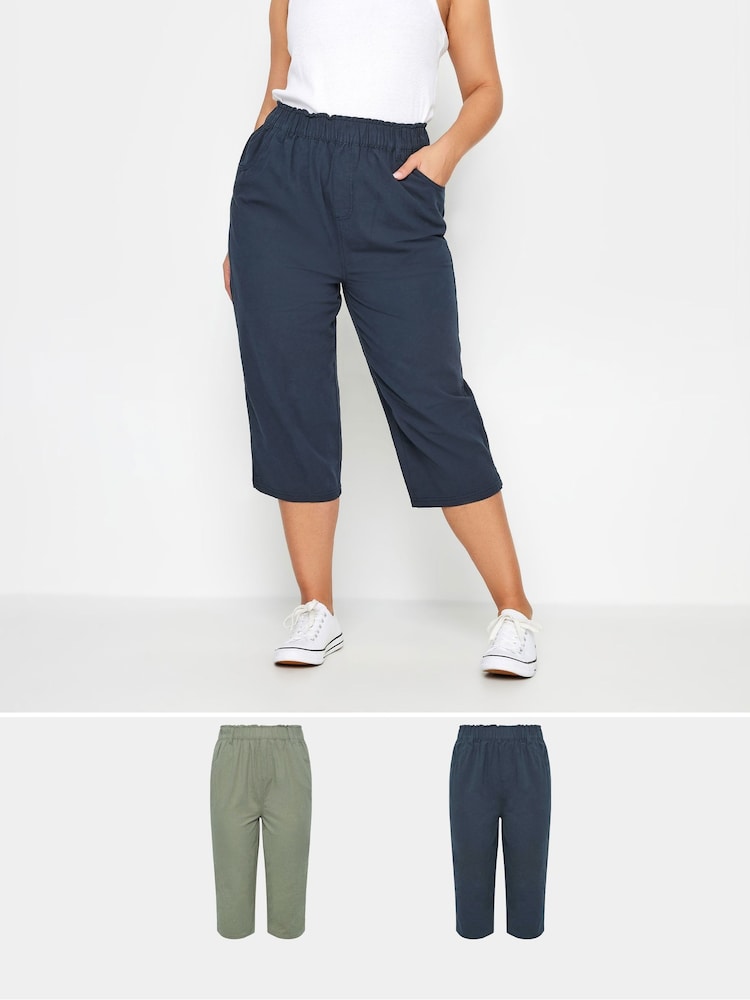 Yours Curve Blue Cool Cotton Cropped Trousers 2 Pack - Image 1 of 7 Yours Curve Blue Cool Cotton Cropped Trousers 2 Pack - Image 1 of 7