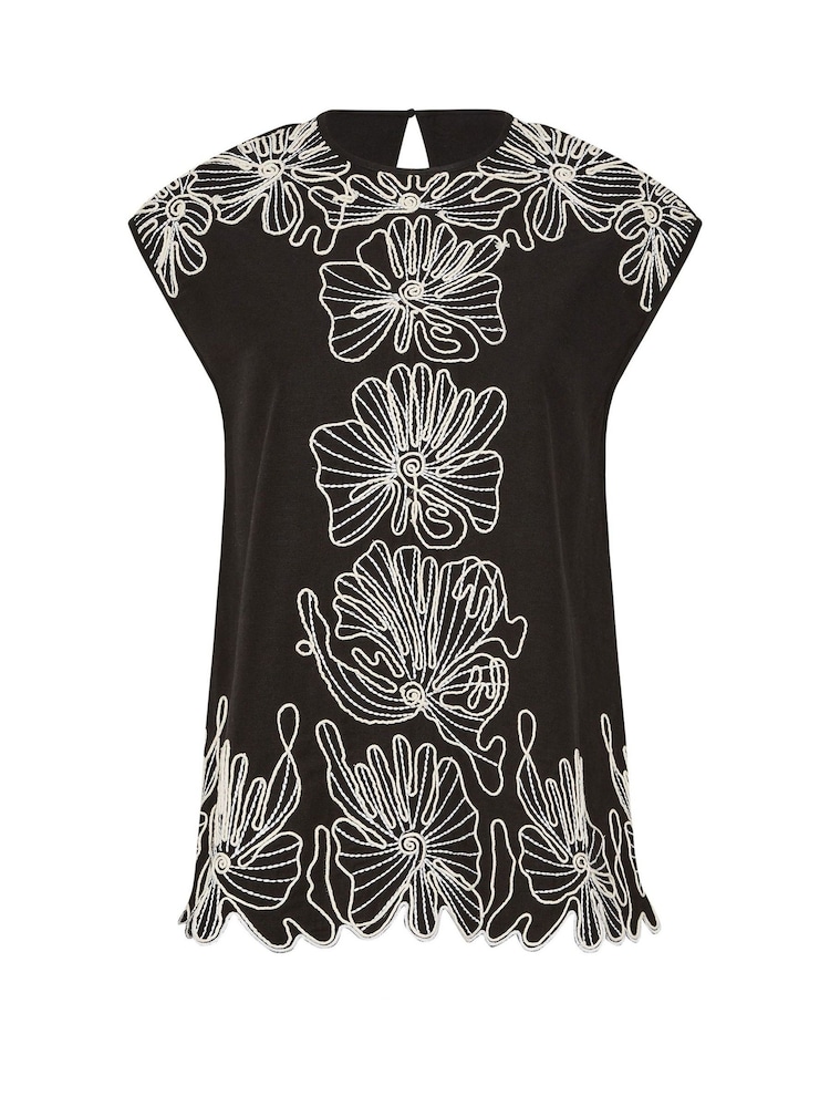Long Tall Sally Black Floral Embellished Linen Blend Top - Image 3 of 3