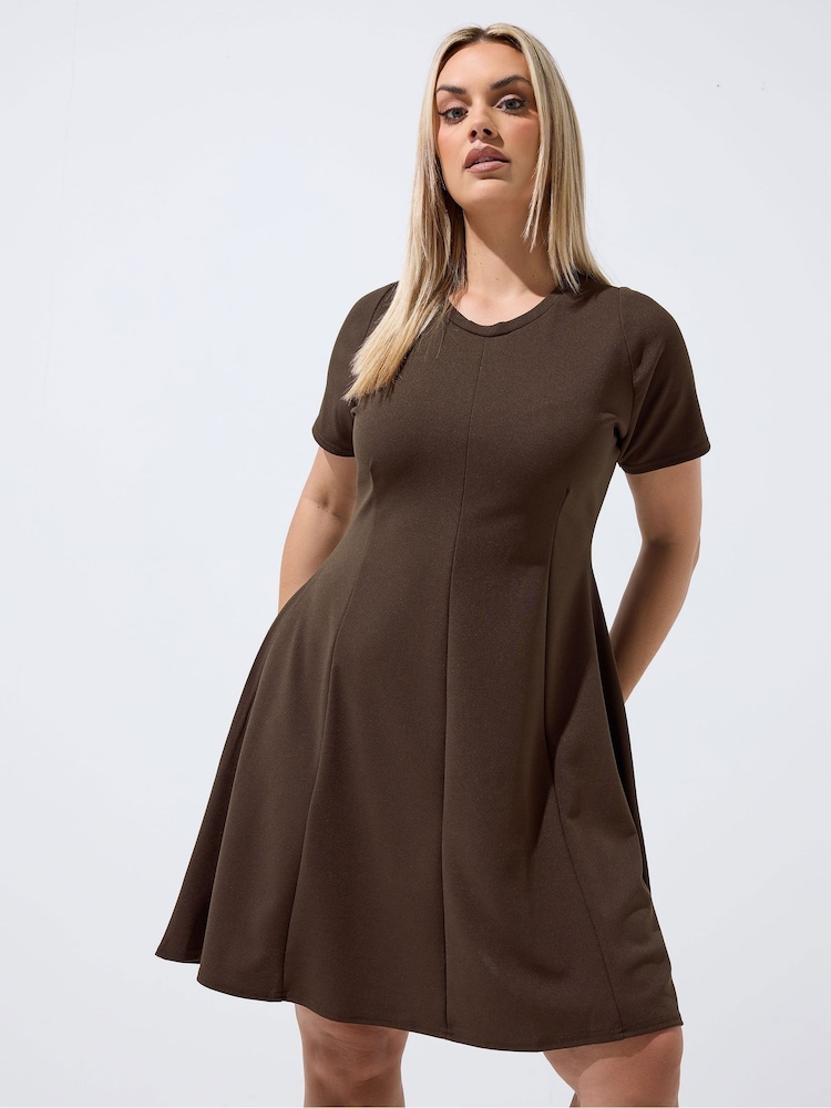 Yours Curve Brown Limited Skater Pleated Dress - Image 1 of 5