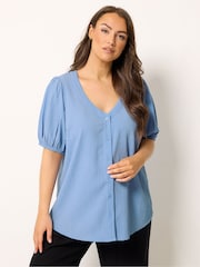 Yours Curve Blue Button Texture Short Sleeve Blouse - Image 1 of 5