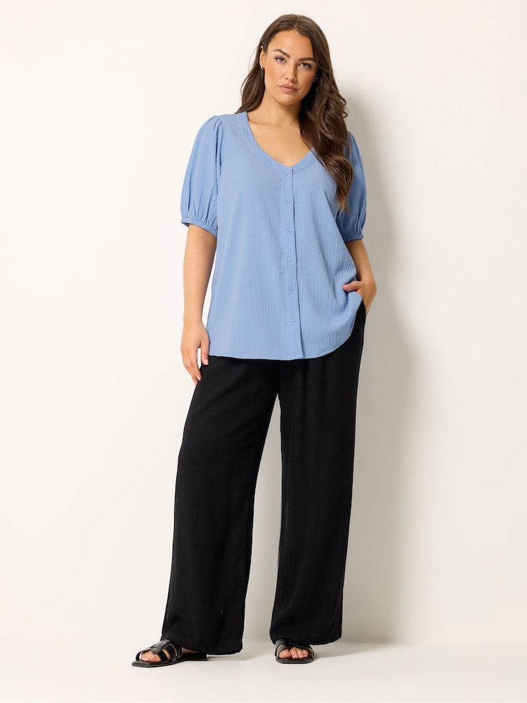 Yours Curve Blue Button Texture Short Sleeve Blouse - Image 2 of 5 Yours Curve Blue Button Texture Short Sleeve Blouse - Image 2 of 5