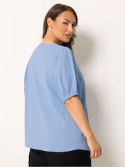 Yours Curve Blue Button Texture Short Sleeve Blouse - Image 3 of 5