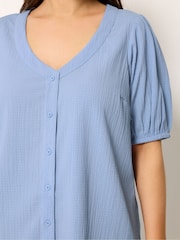 Yours Curve Blue Button Texture Short Sleeve Blouse - Image 4 of 5