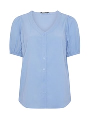 Yours Curve Blue Button Texture Short Sleeve Blouse - Image 5 of 5