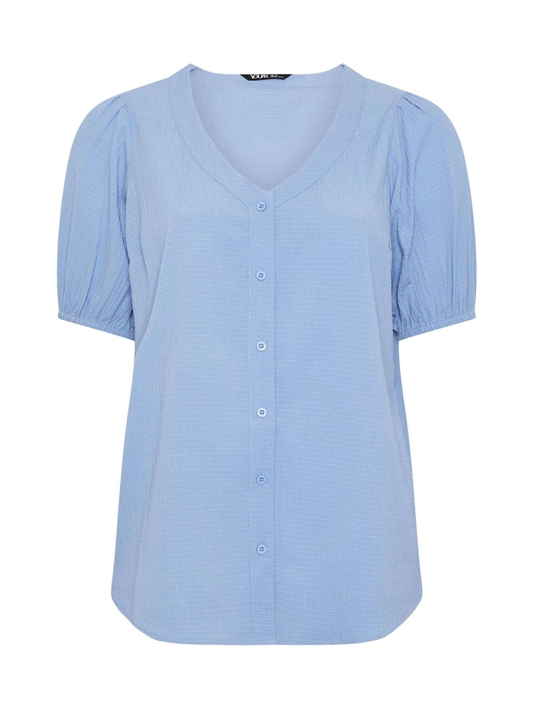 Yours Curve Blue Button Texture Short Sleeve Blouse - Image 5 of 5 Yours Curve Blue Button Texture Short Sleeve Blouse - Image 5 of 5