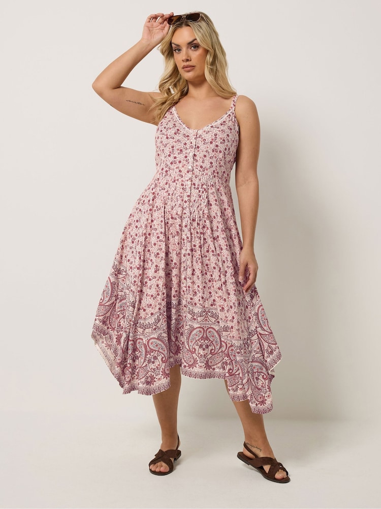 Yours Curve Natural Border Print Hanky Hem Dress - Image 1 of 5