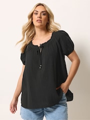 Yours Curve Black Cheesecloth Dobby Bardot Top - Image 1 of 5