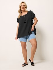 Yours Curve Black Cheesecloth Dobby Bardot Top - Image 2 of 5