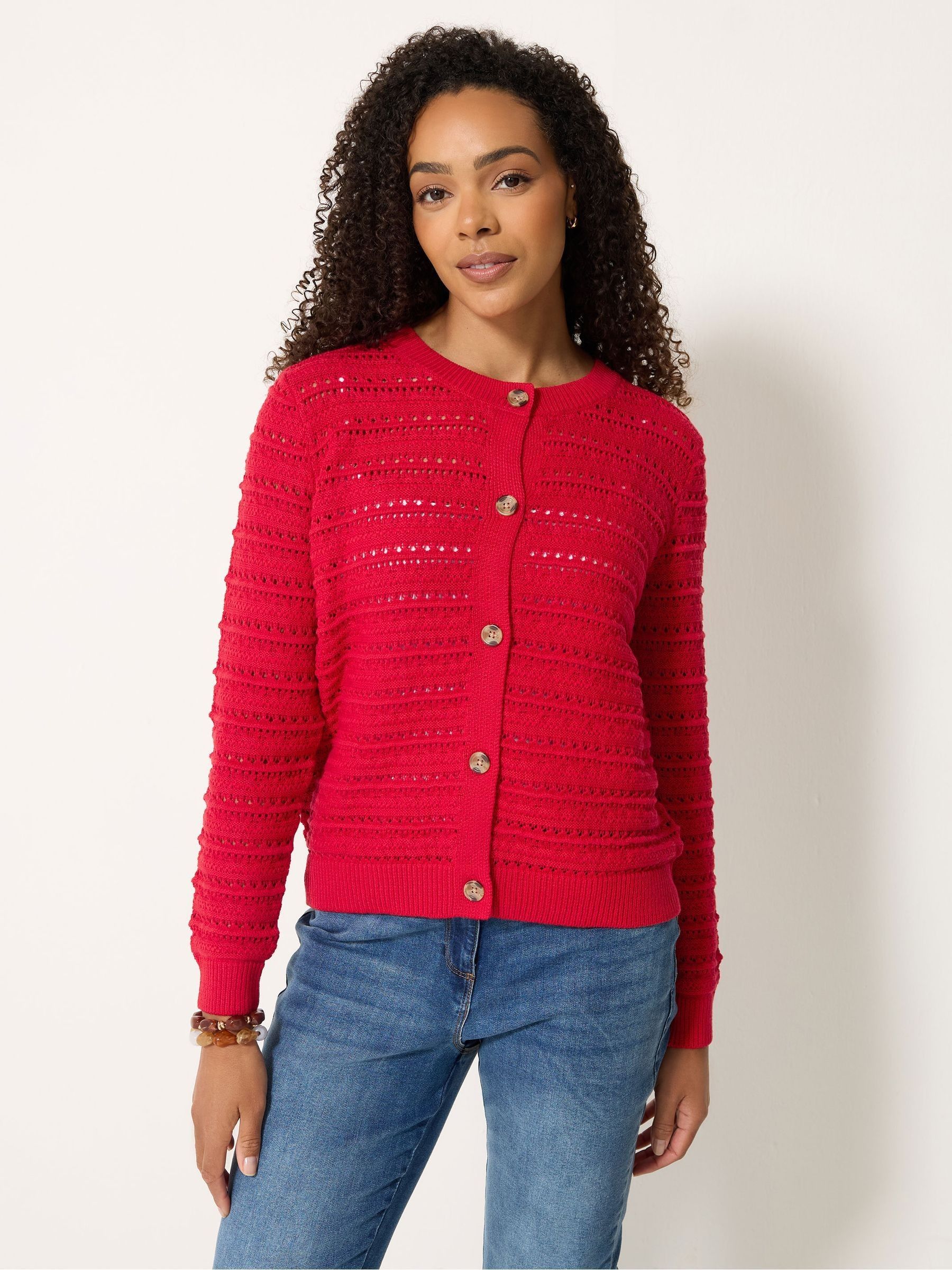M & Co Women's Red Crew Neck Button Crochet Cardigan