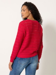 M&Co Red Crew Neck Button Crochet Cardigan - Image 3 of 5