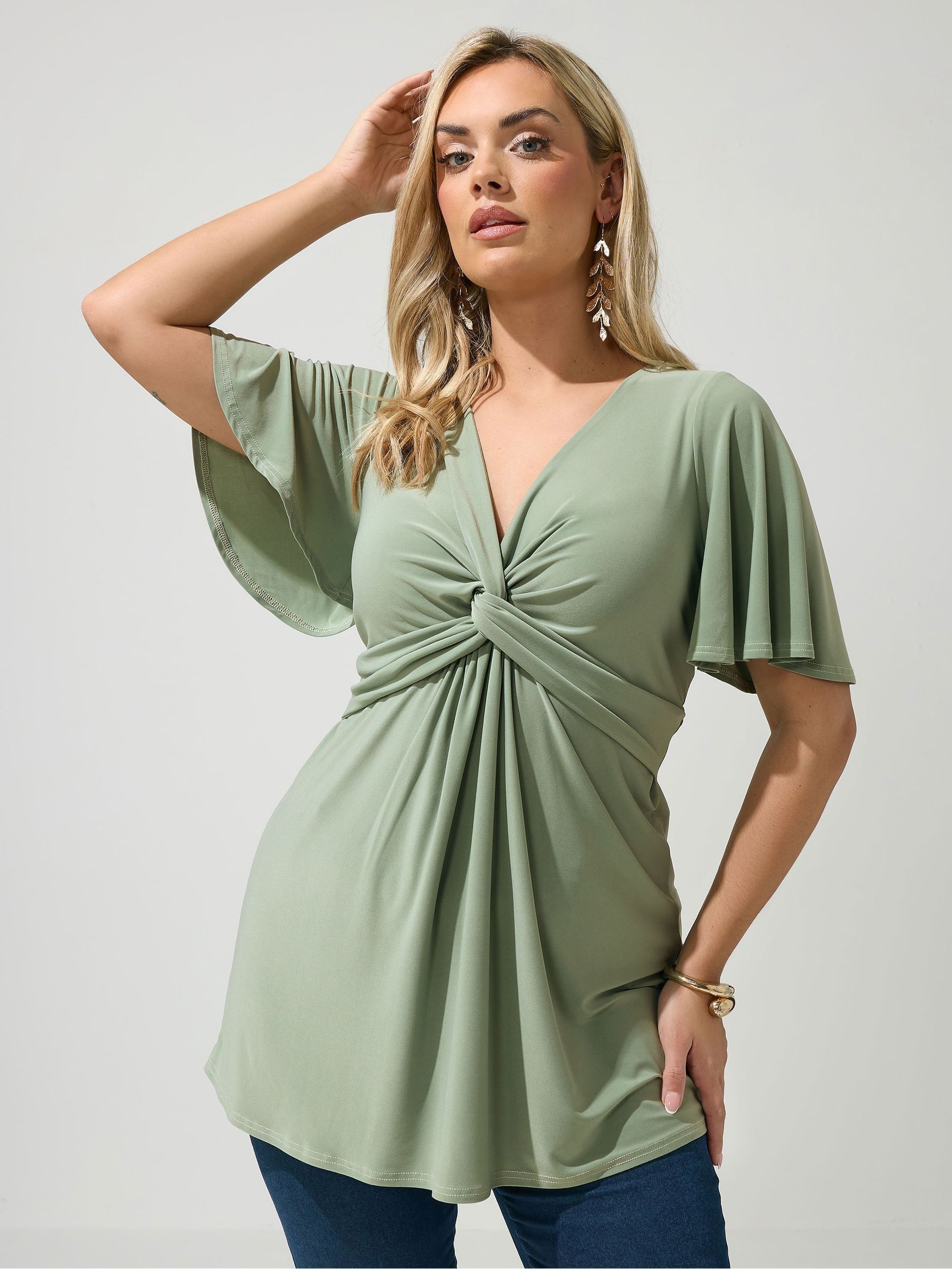 Yours Curve Women's Green Angel Sleeve Knot Front Top