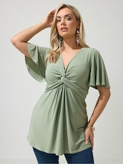 Yours Curve Green London Angel Sleeve Knot Front Top - Image 1 of 5