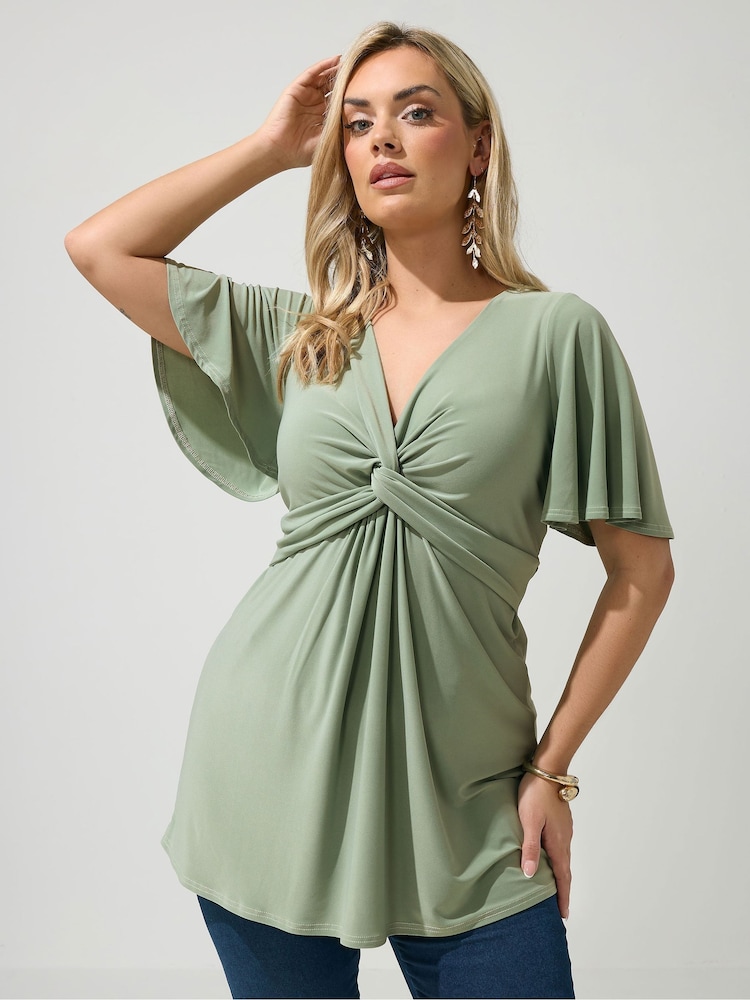Yours Curve Green London Angel Sleeve Knot Front Top - Image 1 of 5