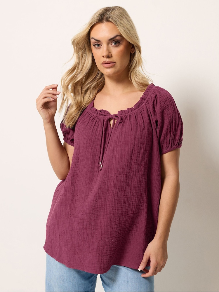 Yours Curve Purple Cheesecloth Dobby Bardot Top - Image 1 of 5