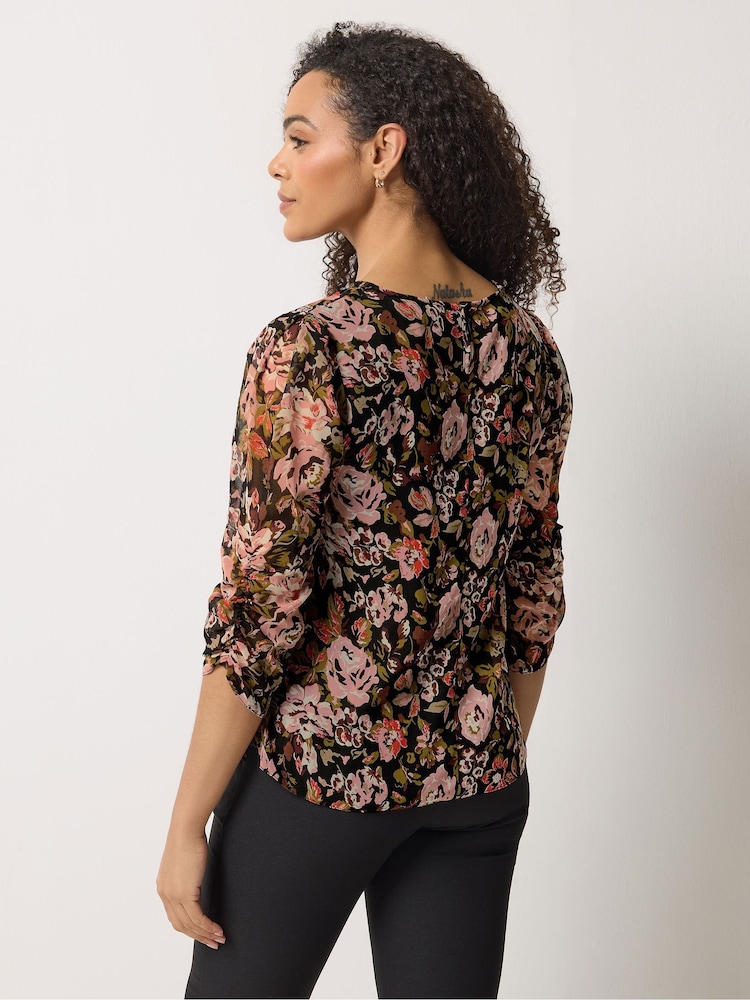 M&Co Black Floral Long Angel Sleeve Blouse - Image 2 of 5