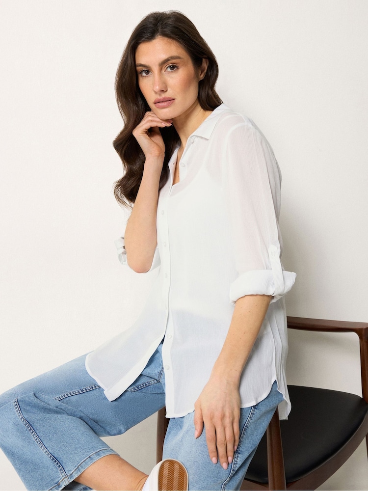 M&Co White Crinkle Tab Sleeve Shirt - Image 1 of 5
