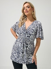 Yours Curve Animal Print London Angel Sleeve Knot Front Top - Image 1 of 5