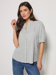 M&Co Blue Stripe Textured Puff Sleeve Shirt - Image 1 of 5