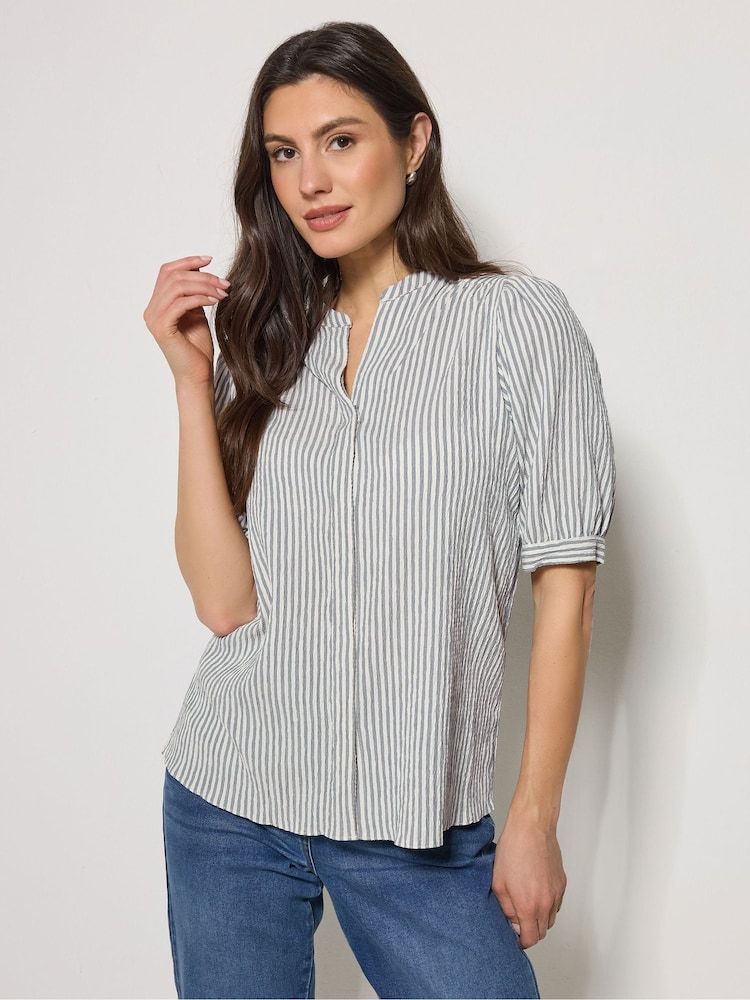 M&Co Blue Stripe Textured Puff Sleeve Shirt - Image 1 of 5