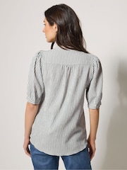 M&Co Blue Stripe Textured Puff Sleeve Shirt - Image 2 of 5