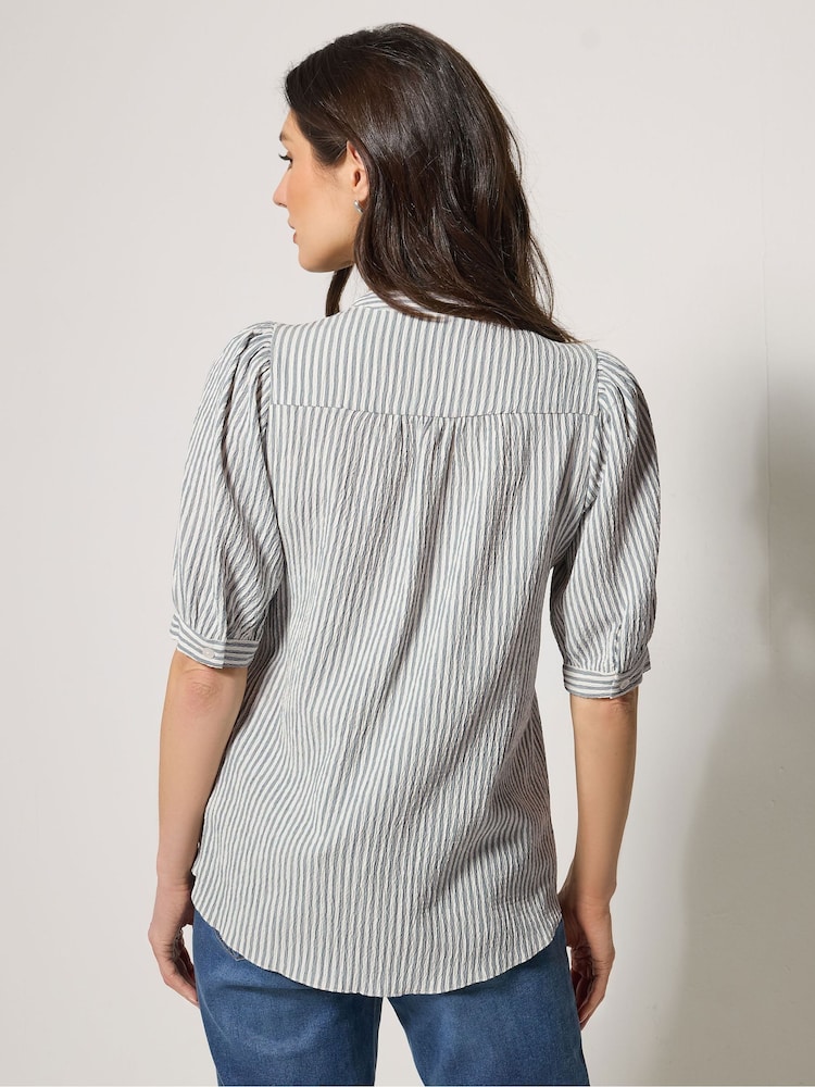 M&Co Blue Stripe Textured Puff Sleeve Shirt - Image 2 of 5