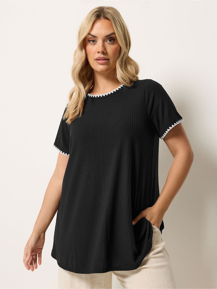 Yours Curve Black Ribbed Whip Stitch Swing T-Shirt - Image 1 of 5 Yours Curve Black Ribbed Whip Stitch Swing T-Shirt - Image 1 of 5