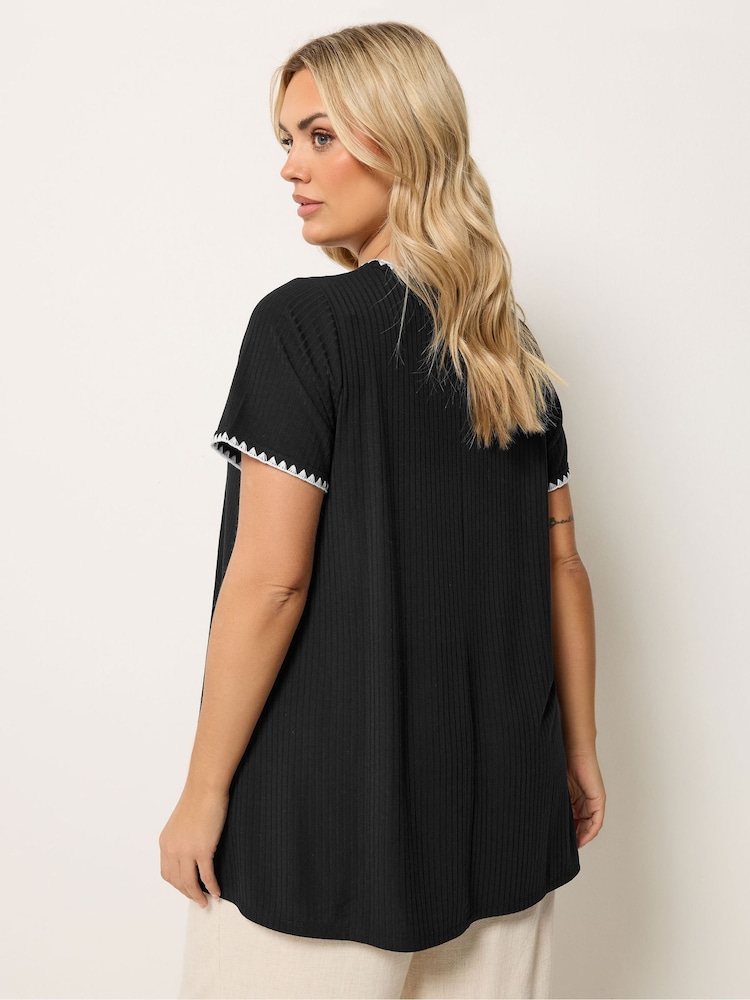 Yours Curve Black Ribbed Whip Stitch Swing T-Shirt - Image 2 of 5 Yours Curve Black Ribbed Whip Stitch Swing T-Shirt - Image 2 of 5