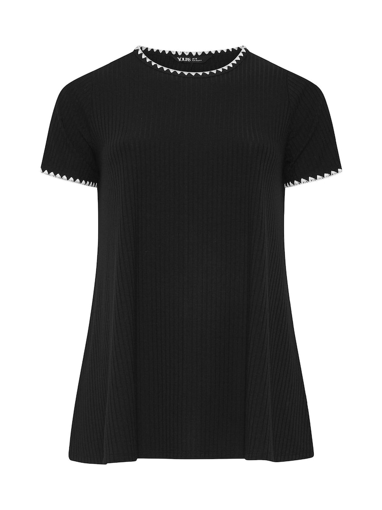 Yours Curve Black Ribbed Whip Stitch Swing T-Shirt - Image 5 of 5 Yours Curve Black Ribbed Whip Stitch Swing T-Shirt - Image 5 of 5
