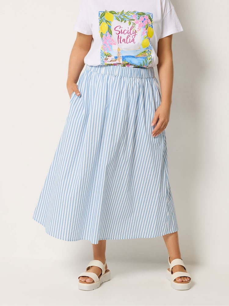 Yours Curve Blue Stripe Poplin Midaxi Skirt - Image 1 of 5