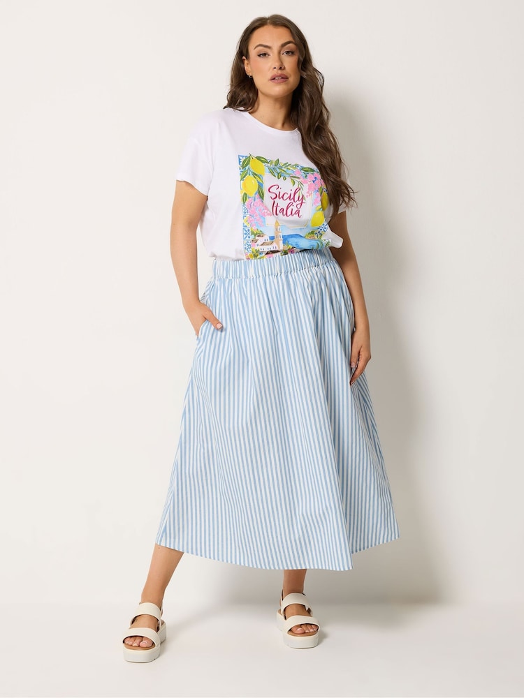 Yours Curve Blue Stripe Poplin Midaxi Skirt - Image 2 of 5