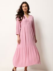 M&Co Pink Tiered Half Placket Maxi Dress - Image 1 of 5