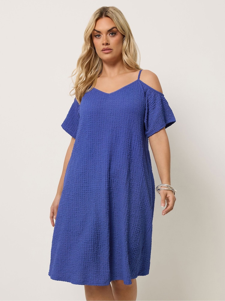 Azul - Yours Curve Textured Cold Shoulder Dress - Imagen 1 de 5