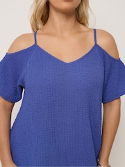 Azul - Yours Curve Textured Cold Shoulder Dress - Imagen 4 de 5