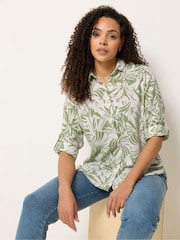 M&Co Khaki Green Leaf Print Tab Sleeve Shirt - Image 1 of 5