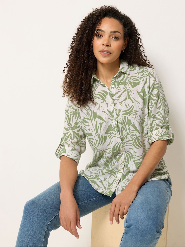 M&Co Khaki Green Leaf Print Tab Sleeve Shirt - Image 1 of 5