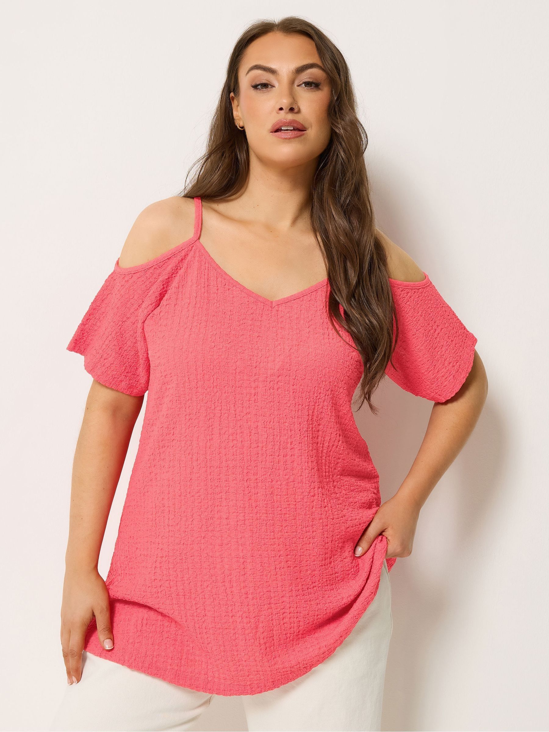 Yours Curve Women's Pink Textured Cold Shoulder Top