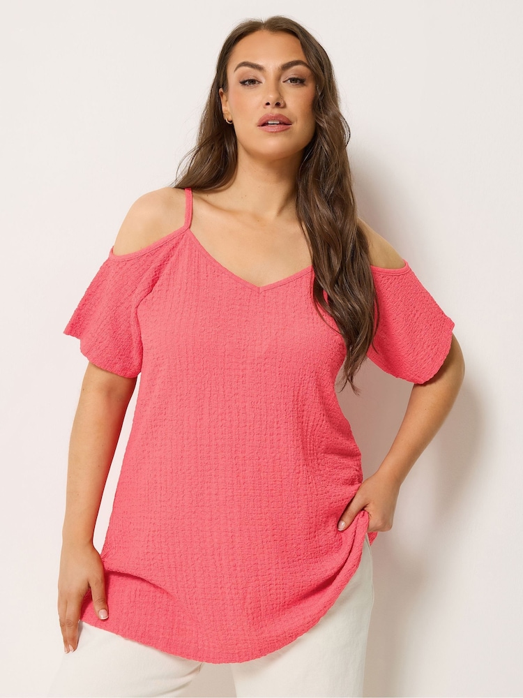 Yours Curve Pink Textured Cold Shoulder Top - Image 1 of 5