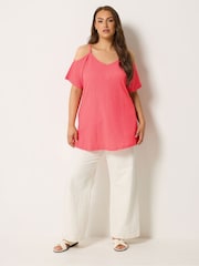 Yours Curve Pink Textured Cold Shoulder Top - Image 2 of 5