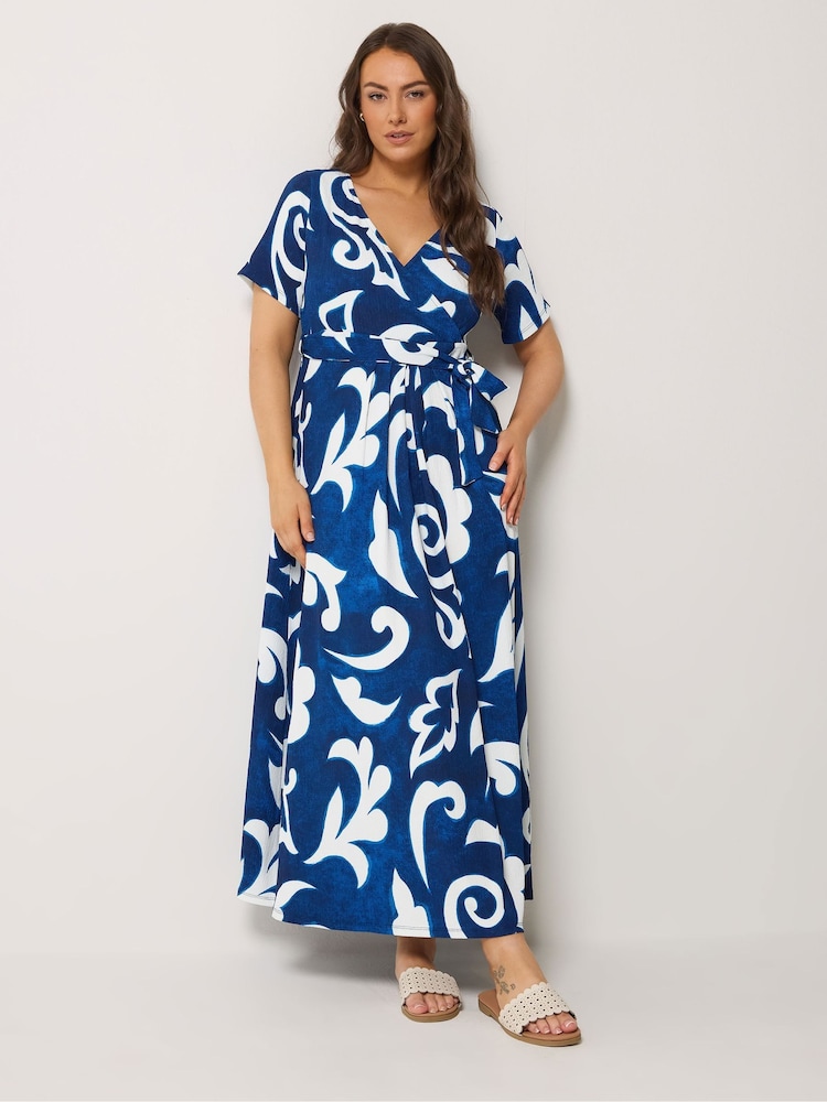 Yours Curve Blue Wrap Front Dress - Image 1 of 5