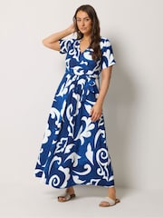 Yours Curve Blue Wrap Front Dress - Image 3 of 5