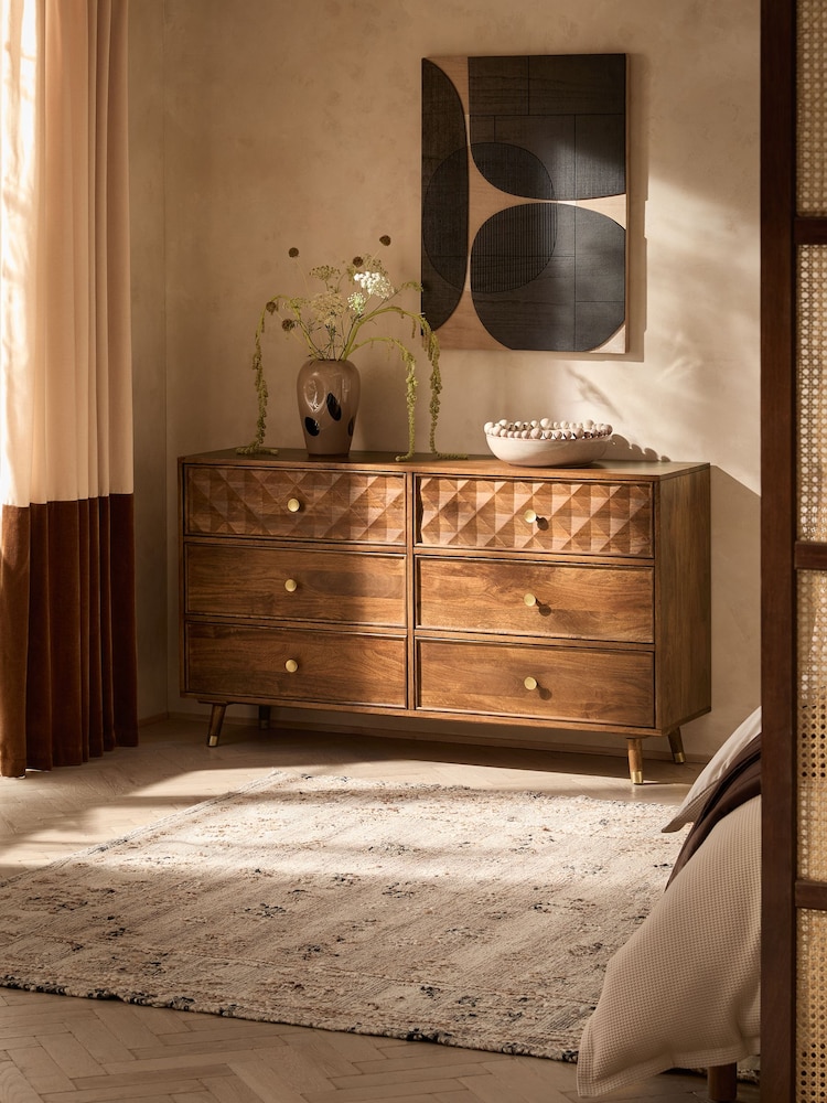 Mid Natural Lloyd Solid Mango Wood 6 Drawer Wide Chest of Drawers - Image 1 of 9 Mid Natural Lloyd Solid Mango Wood 6 Drawer Wide Chest of Drawers - Image 1 of 9