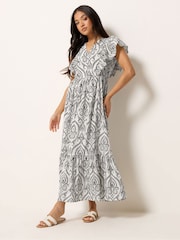 PixieGirl Petite White Linen Blend Frill Print Maxi Dress - Image 1 of 4