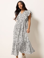 PixieGirl Petite White Linen Blend Frill Print Maxi Dress - Image 2 of 4