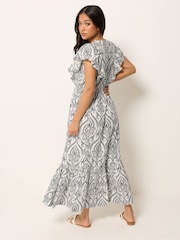 PixieGirl Petite White Linen Blend Frill Print Maxi Dress - Image 3 of 4