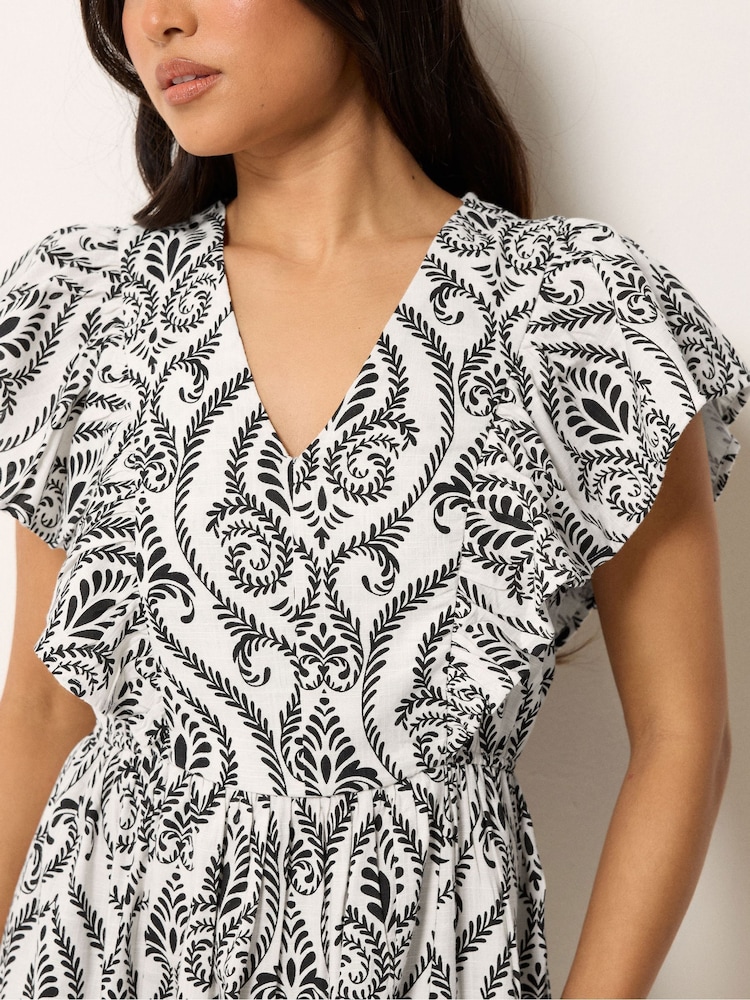 PixieGirl Petite White Linen Blend Frill Print Maxi Dress - Image 4 of 4