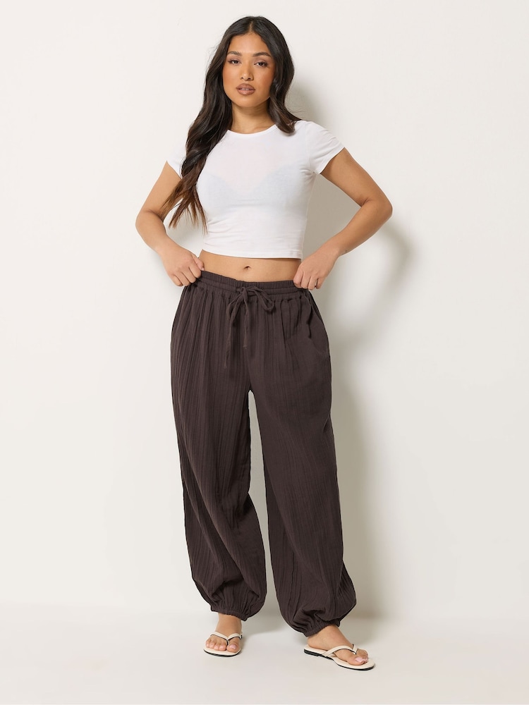 PixieGirl Petite Brown Cheesecloth Balloon Trousers - Image 1 of 6 PixieGirl Petite Brown Cheesecloth Balloon Trousers - Image 1 of 6